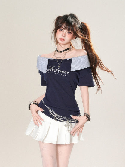 Collar Neckline Navy Foldover Blue Striped Print - T-Shirt with Asymmetrical Glamorous Letter