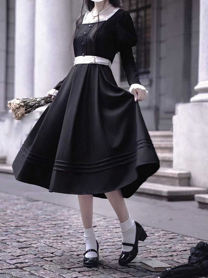Sleeves Black Square Vintage Neck Midi Dress Elegant Juliet