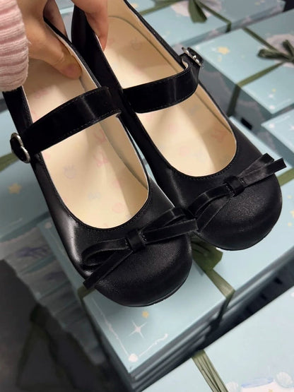 Mary Jane with Sweet Details Bow 3cm Shoes Heeled Round Lolita Black Toe