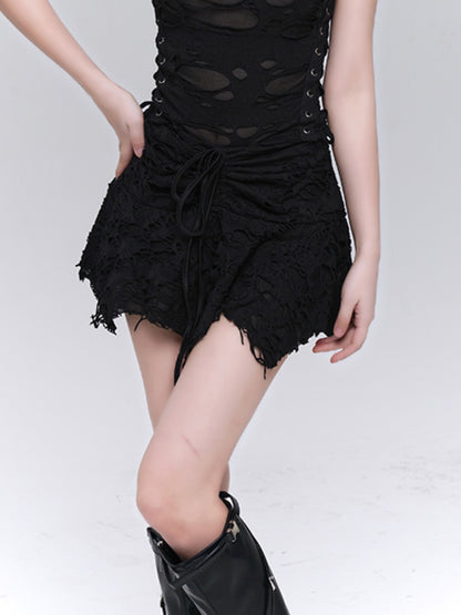 Gothic Black Asymmetrical Hem Distressed Holes Glamorous Skirt
