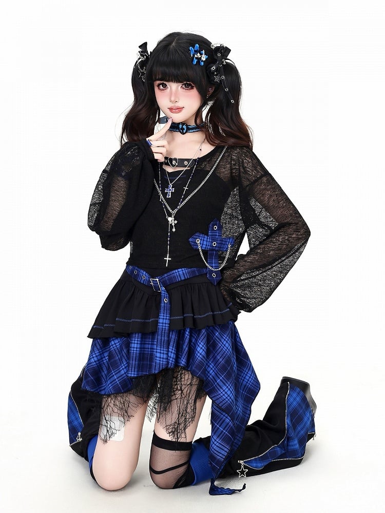 Asymmetrical Hem Camisole Dress in Blue Black Plaid - CRAZY GIRL