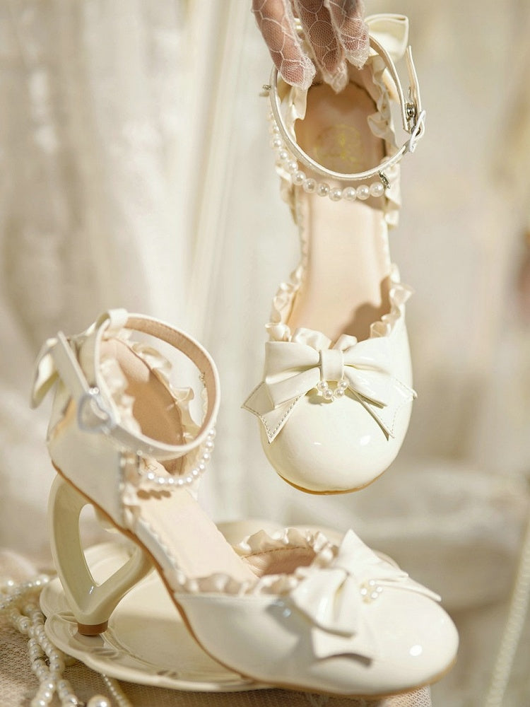Elegant and Chain Sandals Detachable Heeled Heel Lolita - Heart-Shaped White with Beaded Leather PU