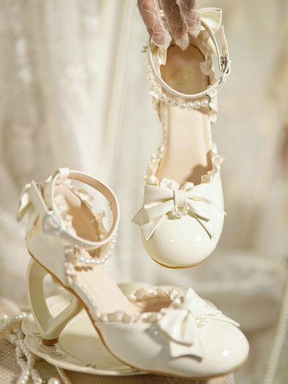 Elegant and Chain Sandals Detachable Heeled Heel Lolita - Heart-Shaped White with Beaded Leather PU