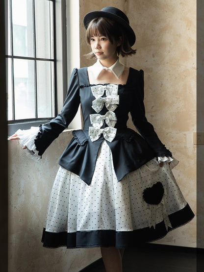 Retro Black Blazer & Polka Dot Skirt Ensemble with Bow Accents and Detachable Collar - Charing Cross