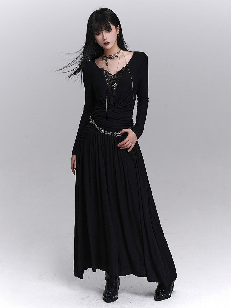 Ruched Detailing V-Neck with Lace Black Shoulders Maxi Gothic Dress Padded