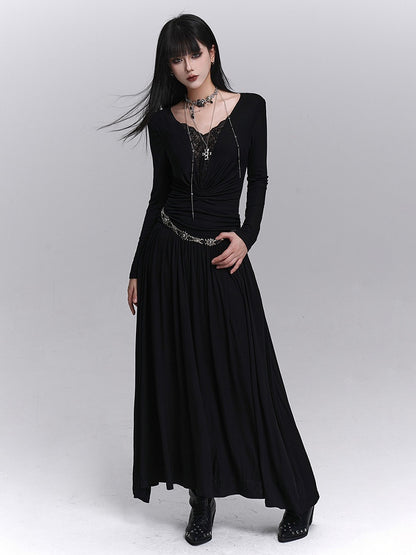 Ruched Detailing V-Neck with Lace Black Shoulders Maxi Gothic Dress Padded