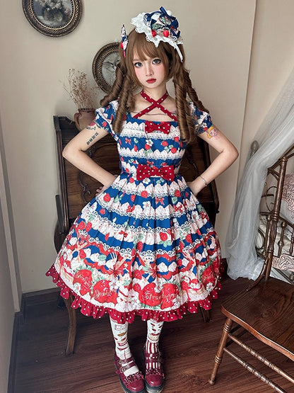 Blue Strawberry High Waist Sweet Lolita Dress