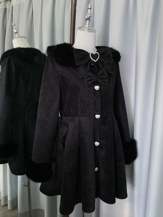 and Kei Plush Beaded Black Bowknot Collar Decorated Cuffs Details Jirai Coat