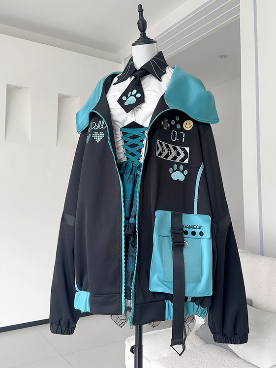 Hooded Techwear Black Futuristic Jacket Blue and Cyberpunk