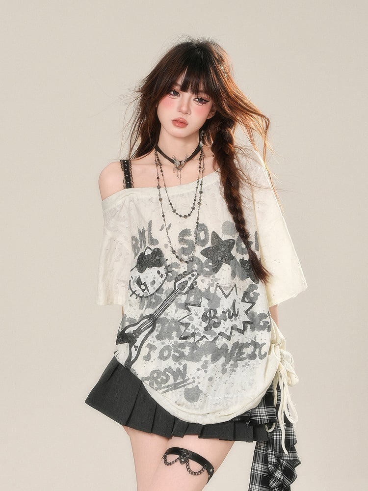 Lace Top Drawstring Graffiti Waist Apricot Print Asymmetrical Neckline