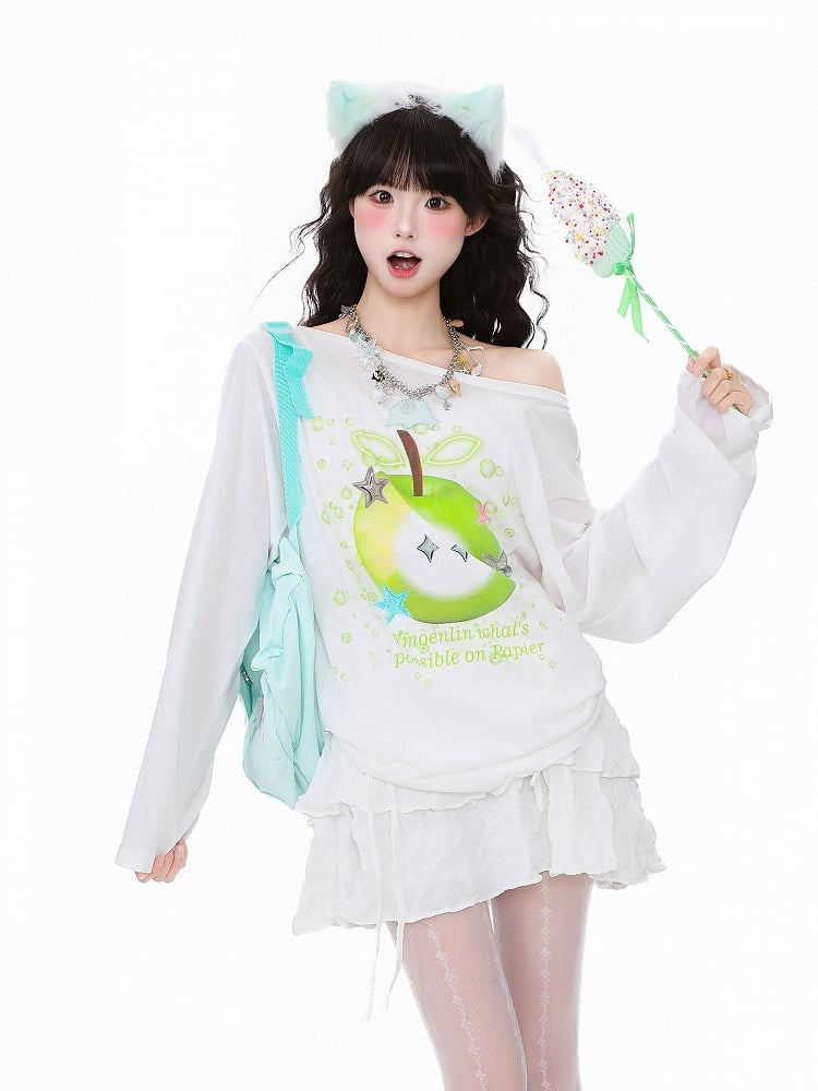 Green/White Breathable Long-Sleeve Top with Green Apple Print