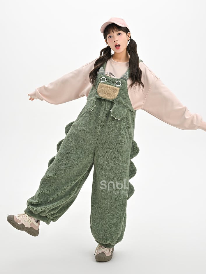 かわいい恐竜の緑のぬいぐるみオーバーオール