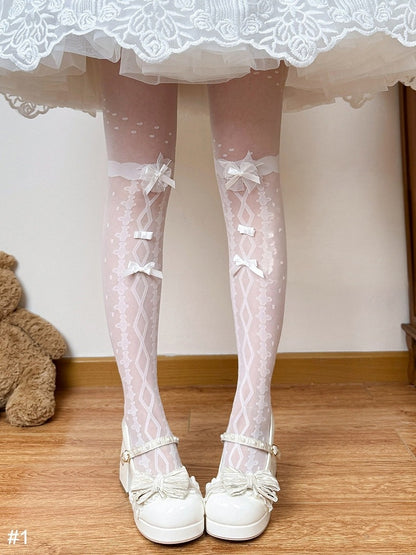Two-Option White Sheer Lolita Tights with Bow Accents - Fat Bear Story