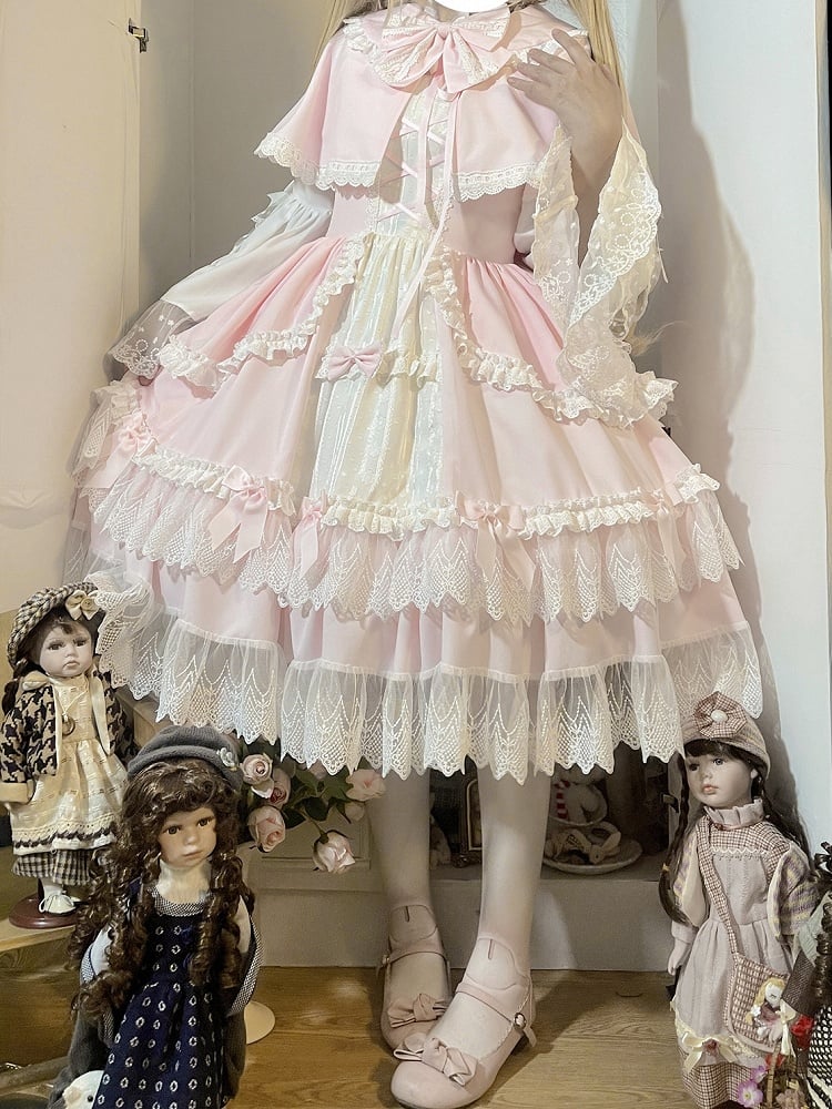 Rosa und weißes Old School Lolita Fashion Kleid Bowknot Detais Lolita JSK Set