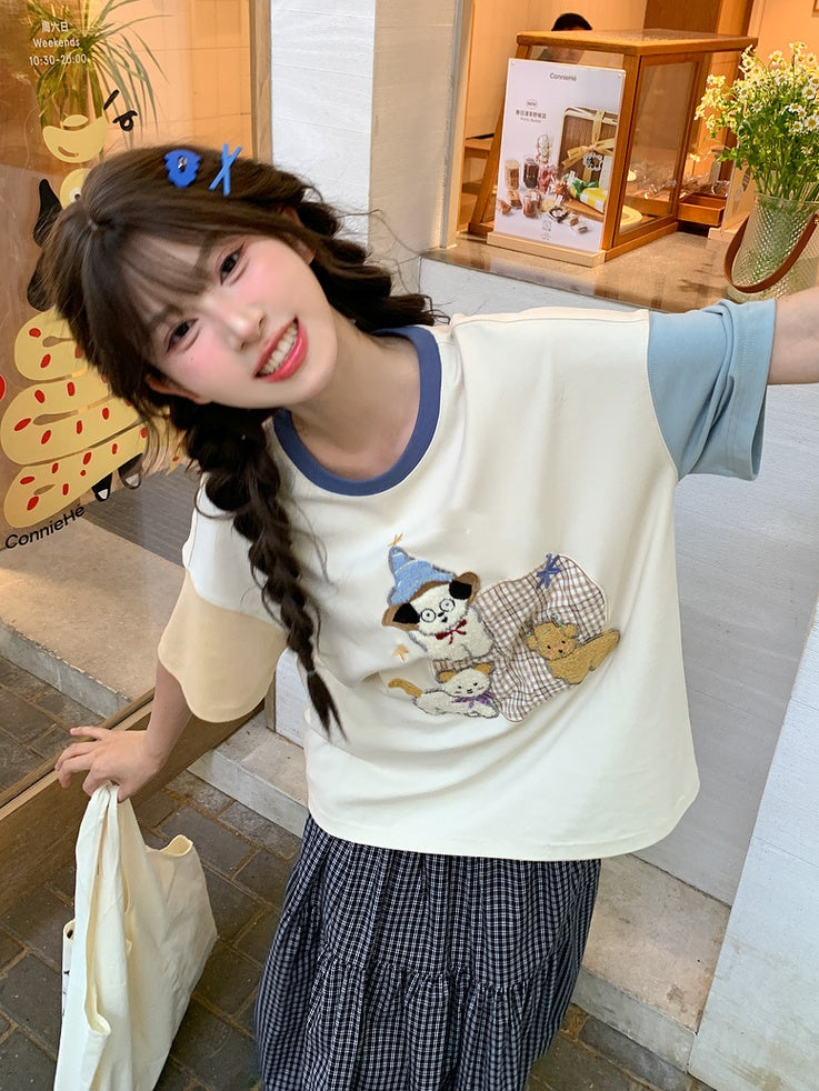 カラーブロックデザイン パピー刺繍Tシャツ オレンジブルー