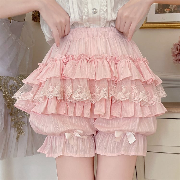Bow Details Ruffle Lolita Cute with Lace Bloomers Pink Multi-Layer