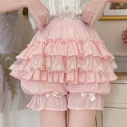 Bow Details Ruffle Lolita Cute with Lace Bloomers Pink Multi-Layer