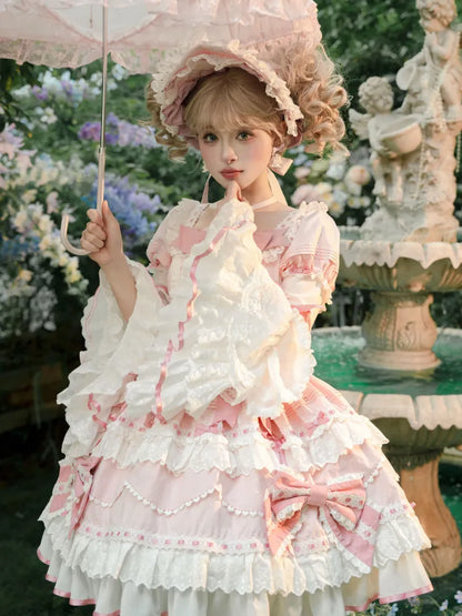 One Pink White and Bell Dress Piece Layered Lolita Sleeves School Long Old