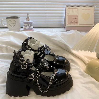 Dark Bat Y2K Punk Block-Heel Mary Jane Shoes – Gyaru Lolita Subculture Style