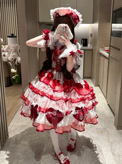 Pullover mit weißen Schleifen, Lolita-Prinzessin, roter herzförmiger Rock, Dekoration, Hanayome, mehrlagig und Kleid