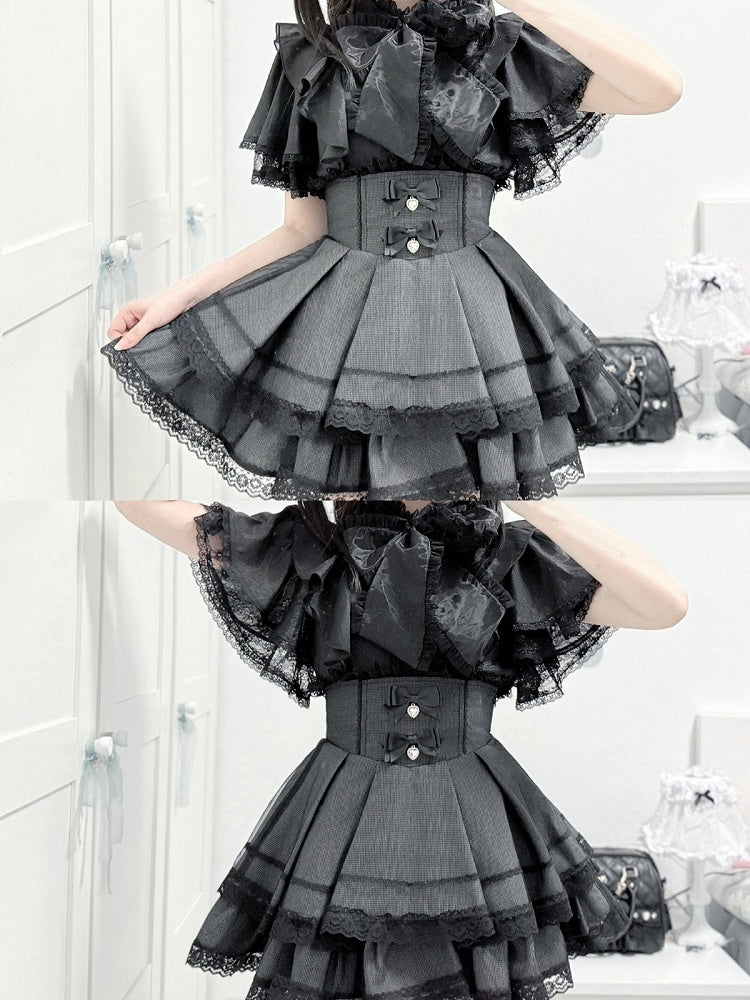 Black Jirai-Kei Lace Butterfly Sleeve Blouse with Hand-tied Bow - shirohato