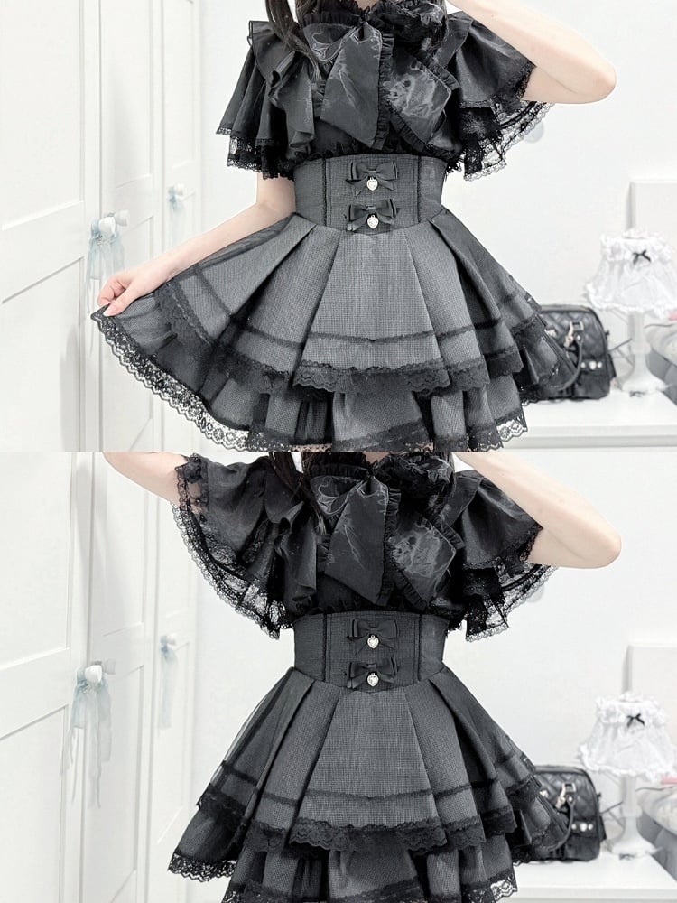 Black High-waisted Check Double-layer Skirt with Lace Trim & Bow - shirohato