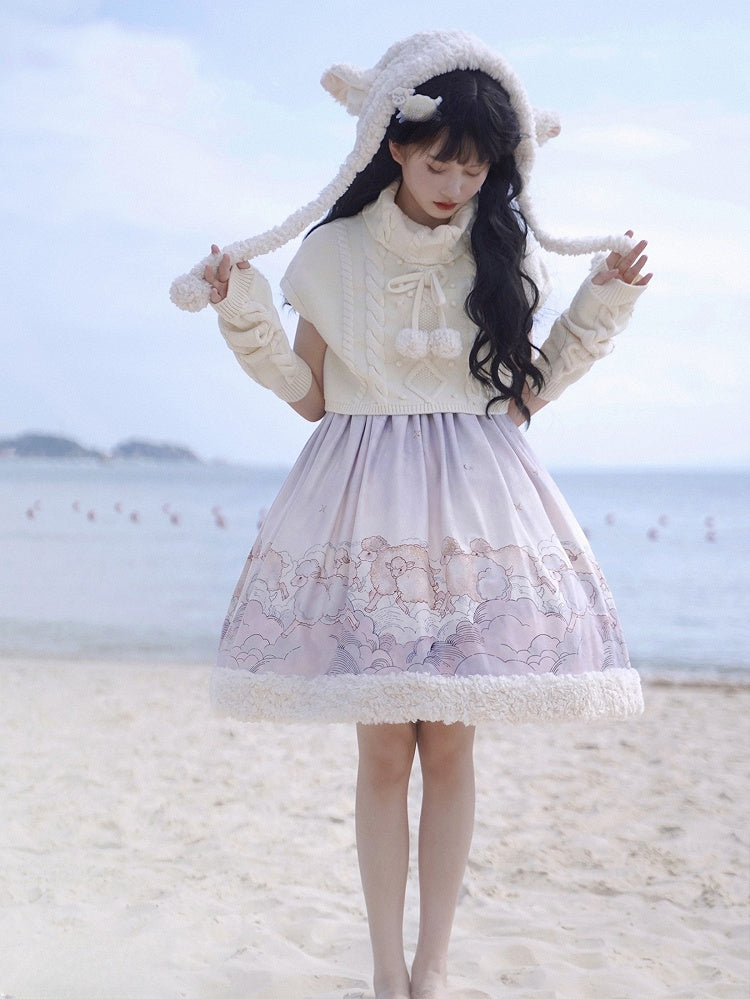 Lolita Top Knit Sheep Winter and Print Set Sleeves Dress Cloud Sweet for Autumn Purple +