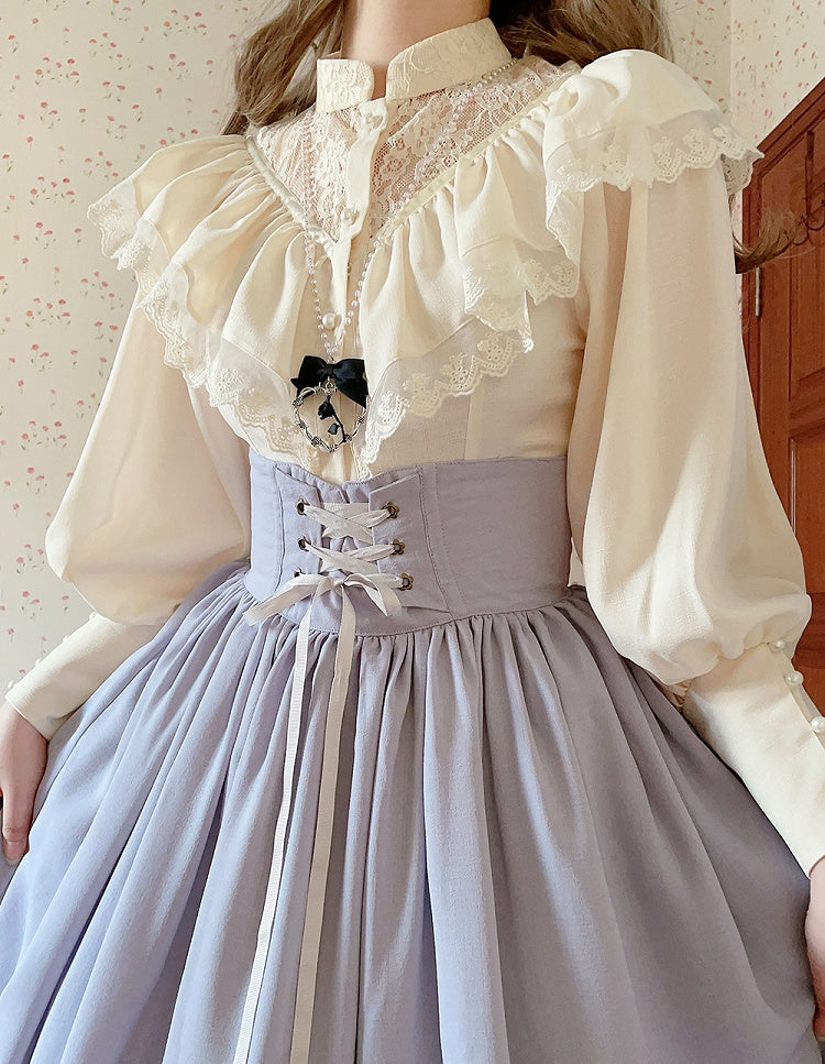 Beige Edward Neck Lolita Blouse with Bead-Accented Cuffs