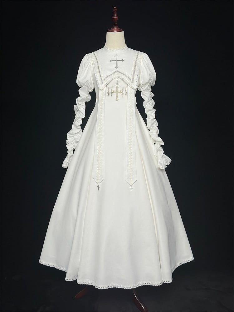 Halloween Kreuzärmeliges Juliette Stickerei Weißes Hammelkeulenkleid / Outfits Nonne Lolita