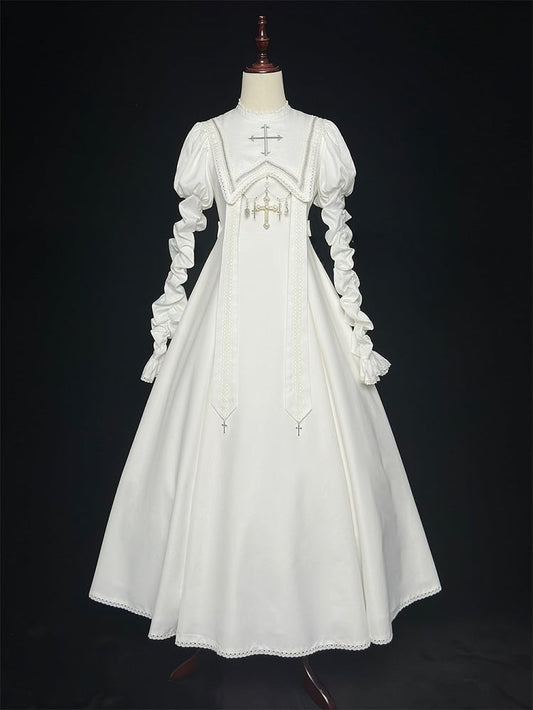 Halloween Cross Sleeves Juliette Embroidery White Leg-of-Mutton Dress / Outfits Nun Lolita