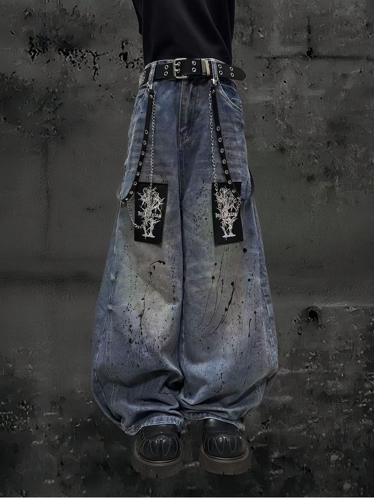 Splatter with Punk and Faded Appliques Blue Random Wide-Leg Jeans Wash Embroidered