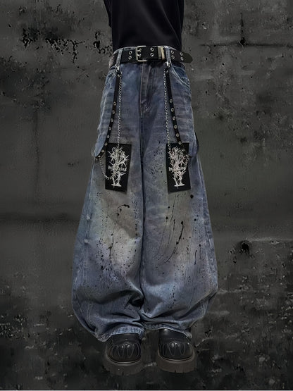 Splatter with Punk and Faded Appliques Blue Random Wide-Leg Jeans Wash Embroidered