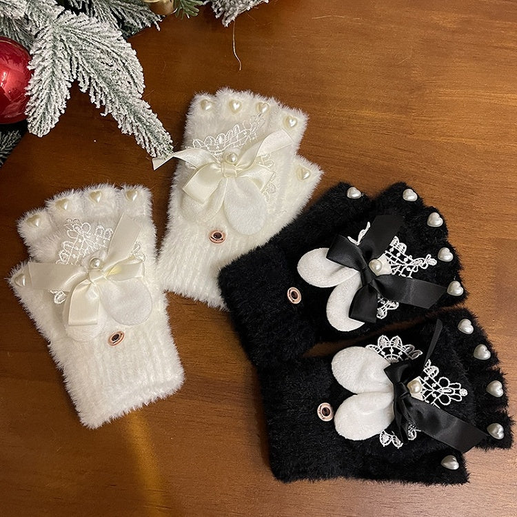 Schwarz/Weiß Niedliche Hasenohren Schleife Herz Perlen Spitze Details Plüschhandschuhe