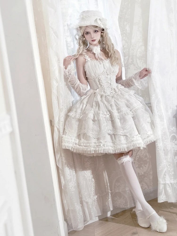 Lace Classic Bow Accents Trim Elegant Boned and Corset Rose White Top Lolita with