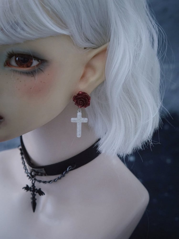 Gothic Rose Earrings with Cross Pendant - Strange Sugar