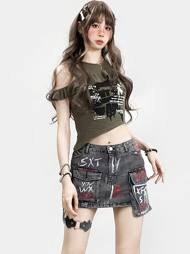 Rock Glamorous Print Bittersüß Verzierte Taschen Buchstabe Grau