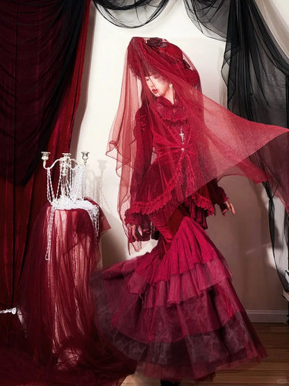 Embroidered Lace Blouse with Velvet V-Neck Coat and Layered Mermaid Skirt - DevilInspired Exclusive Collection