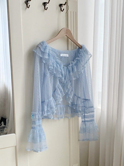 Sheer Dotted Flounce Trimming Sleeves Long Top Blue Tulle