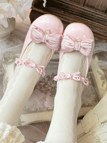 and - Delicate Heart for Lolita Design Sweet Heel Embellishments Leather Mid Bow Toe Round with Shoes PU