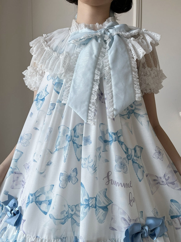 Blue Big Bowknot on Neckline Bows Double Layered Lolita Dress