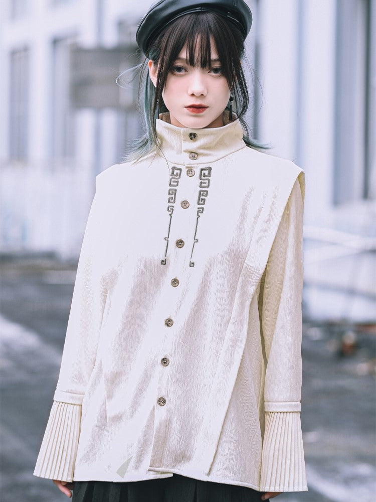 Gothic Sleeve Embroidery Cheongsam Convertible Pleated Collar Bell with White Bronze Regular/Thicken Blouse