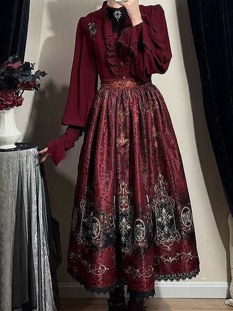 Lolita Print Gothic Candelabras Lace with Trim Red Wings Skirt Bat
