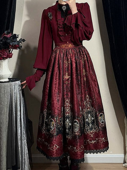 Lolita Print Gothic Candelabras Lace with Trim Red Wings Skirt Bat