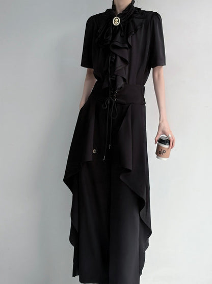 Ouji Black Short Sleeve Blouse Layered Ruffle - ROAE