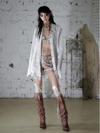 Beige Satin Lace-Trimmed Punk Shirt with Chain Accents