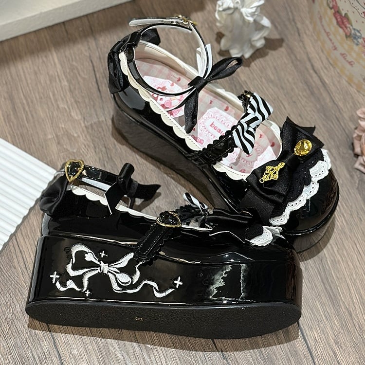 Details Decorated Sweet Lolita Spoon Platforms Bowknot Black