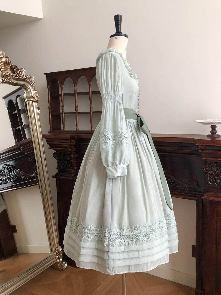 Green Square Neck Classic Lolita Long Sleeve OP