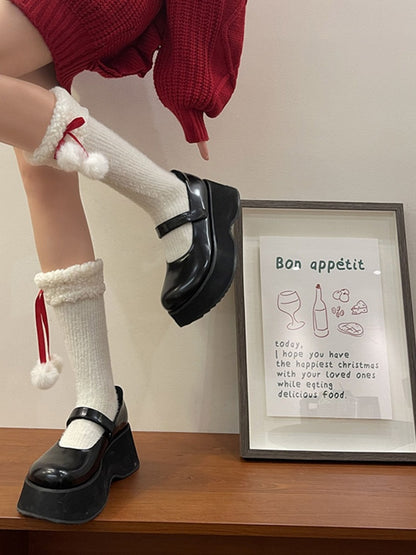 Fleece Ruffled White/Red/Black Calf Socks with Decoration Warm Pom-Pom