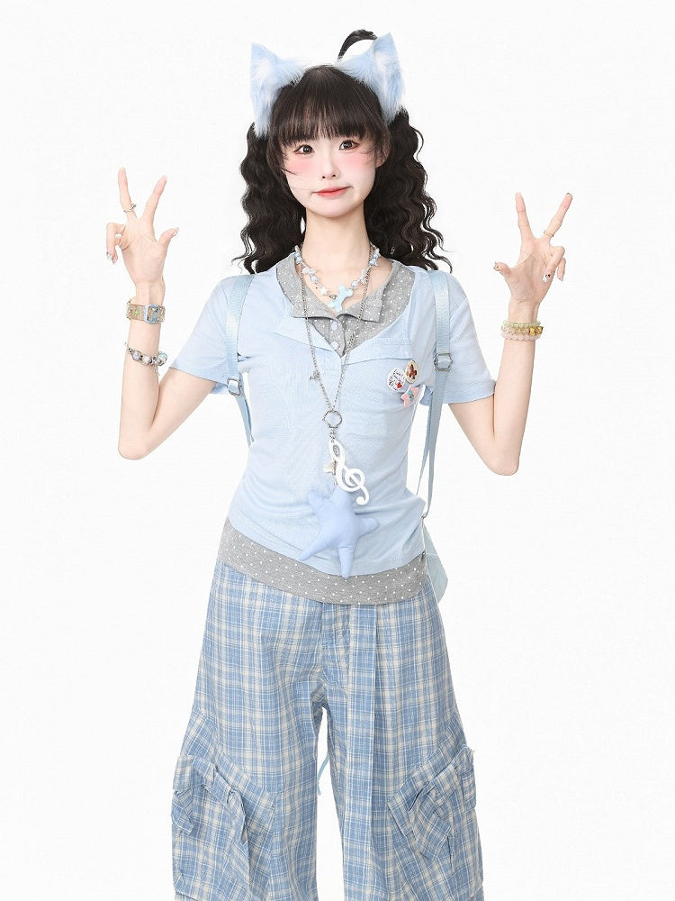 Relaxed Blue Two-Piece Polka Dot Tee with Badge - Languid Park