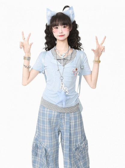 Relaxed Blue Two-Piece Polka Dot Tee with Badge - Languid Park